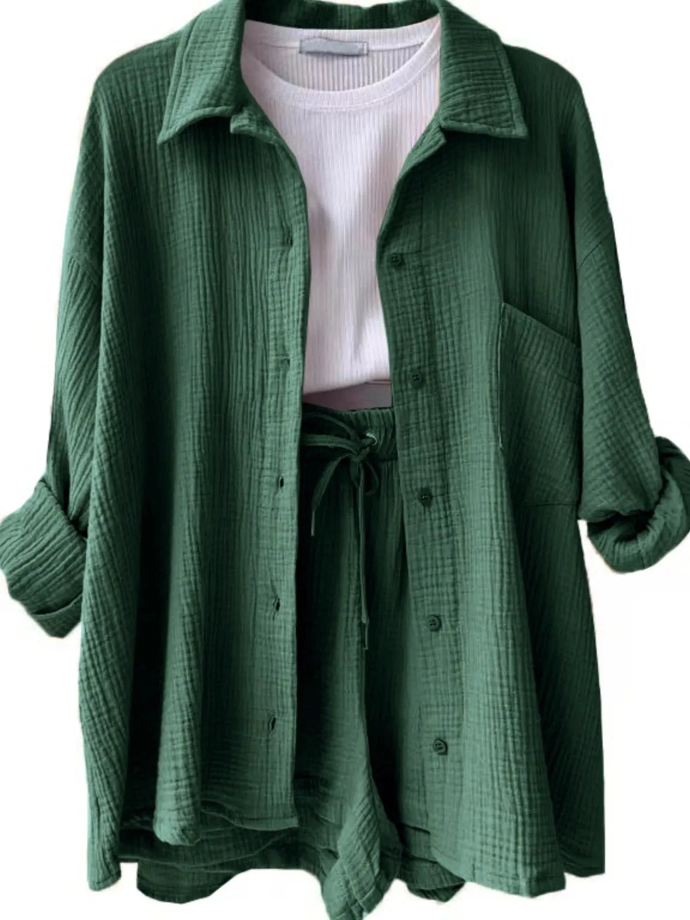 Textured Button Up Shirt and Shorts Set Deep Teal / S