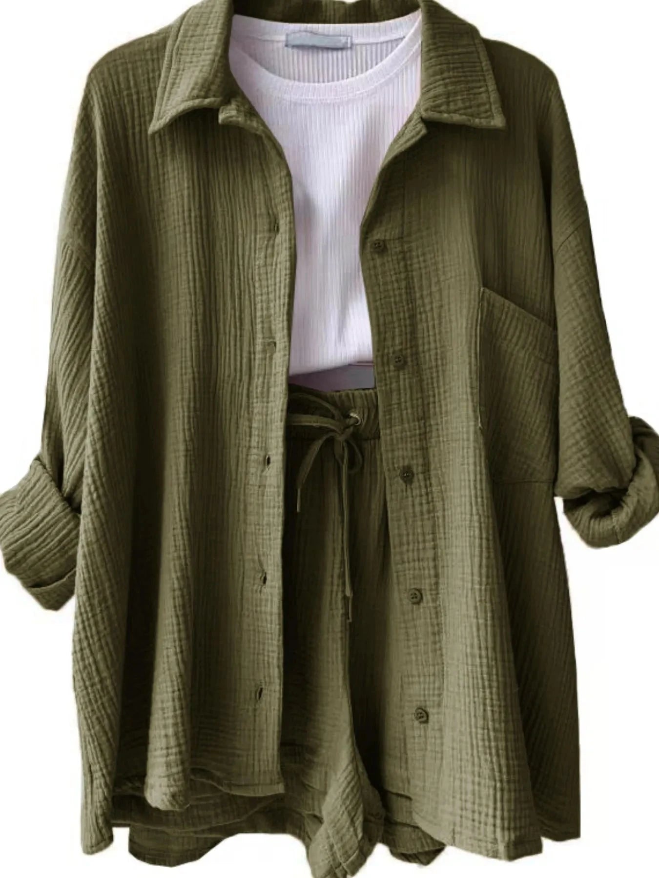Textured Button Up Shirt and Shorts Set Moss / S