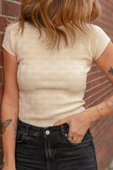 Textured Crew Neck Cap Sleeve Slim T Shirt Beige / S