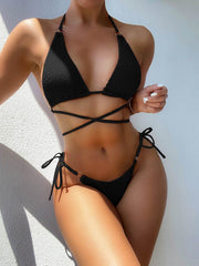 Textured Halter Neck Tie Side Bikini Set Black / S