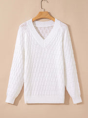 Textured Knit Ribbed Edge V Neck Loose Sweater