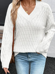 Textured Knit Ribbed Edge V Neck Loose Sweater