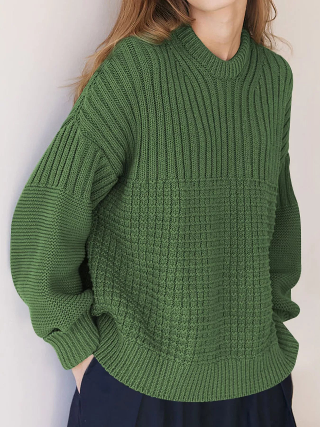 Textured Knit Round Neck Sweater Moss / S