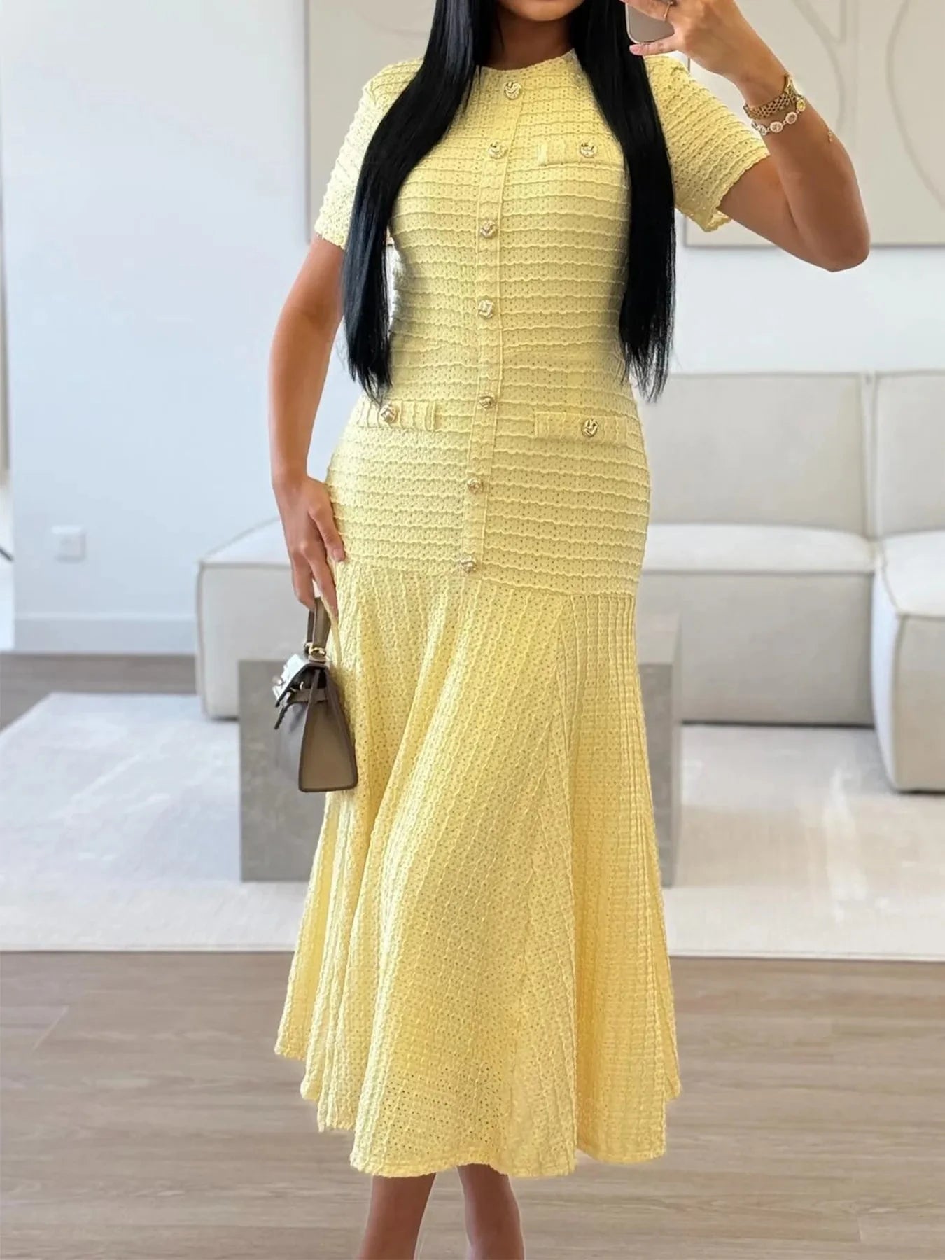 Textured Knit Short Sleeve Dress Yellow / S