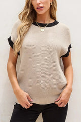 Textured Knit Sweater with Contrast Trim Details Khaki / S