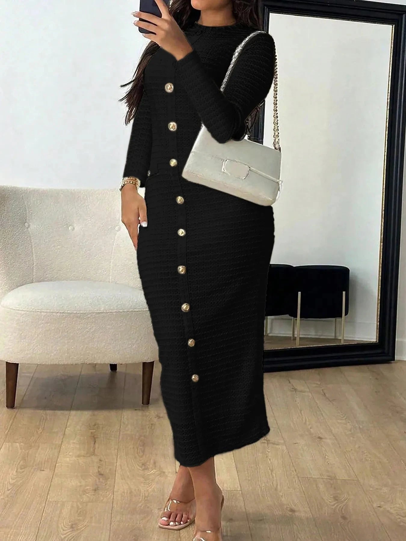 Textured Long Sleeve Midi Dress