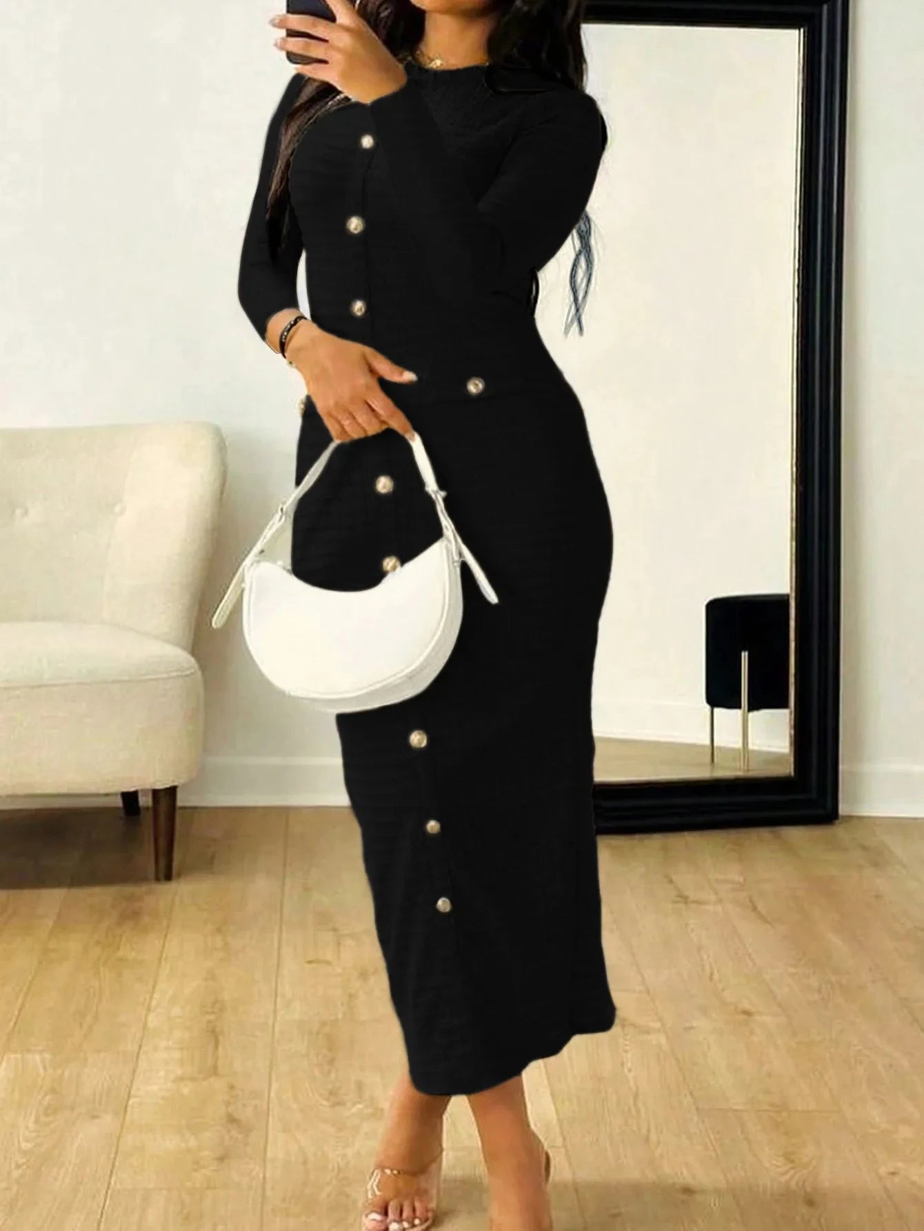 Textured Long Sleeve Midi Dress