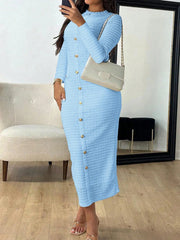 Textured Long Sleeve Midi Dress Blue / S