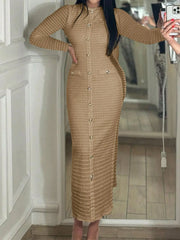 Textured Long Sleeve Midi Dress Khaki / S