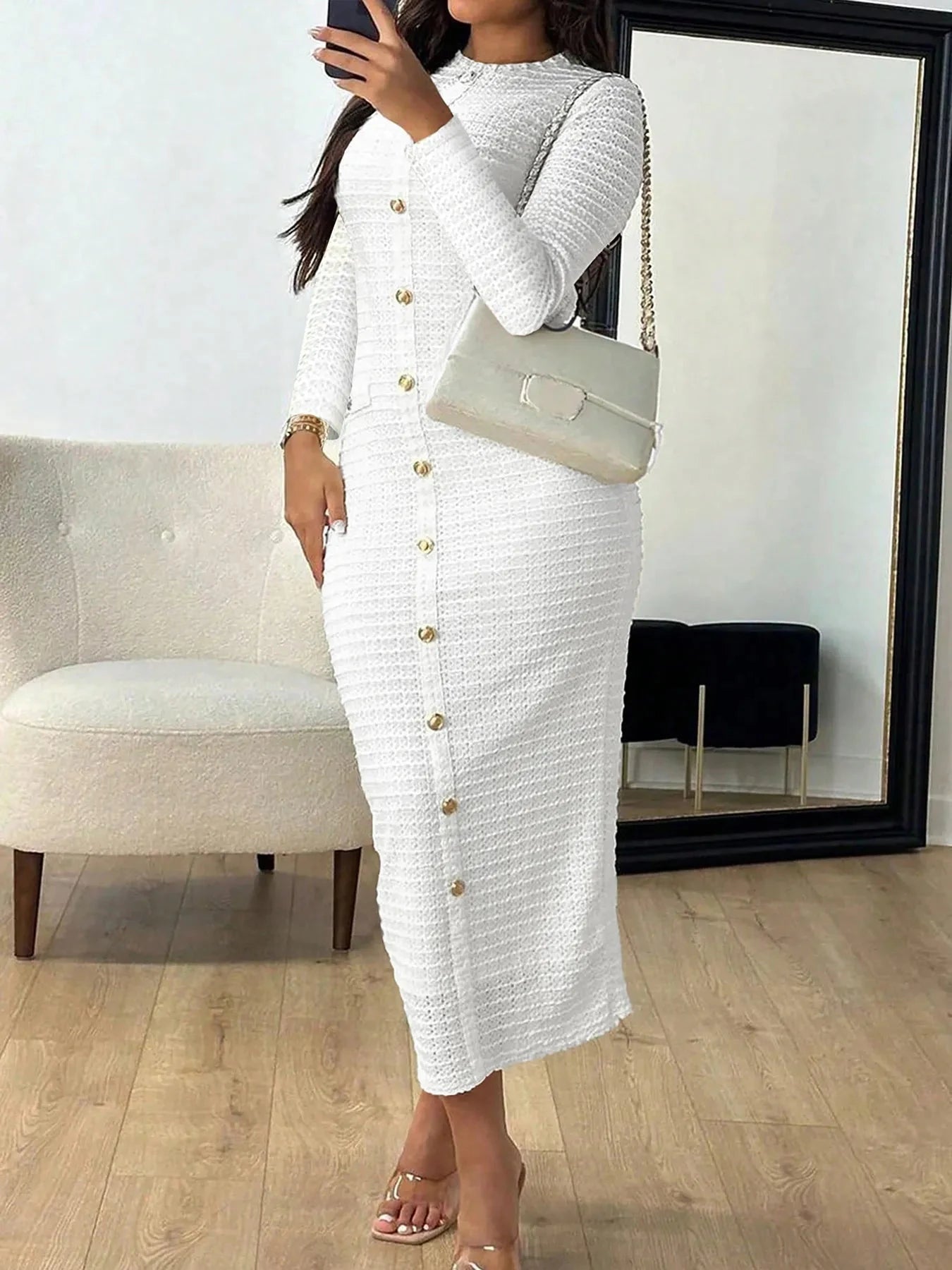 Textured Long Sleeve Midi Dress White / S