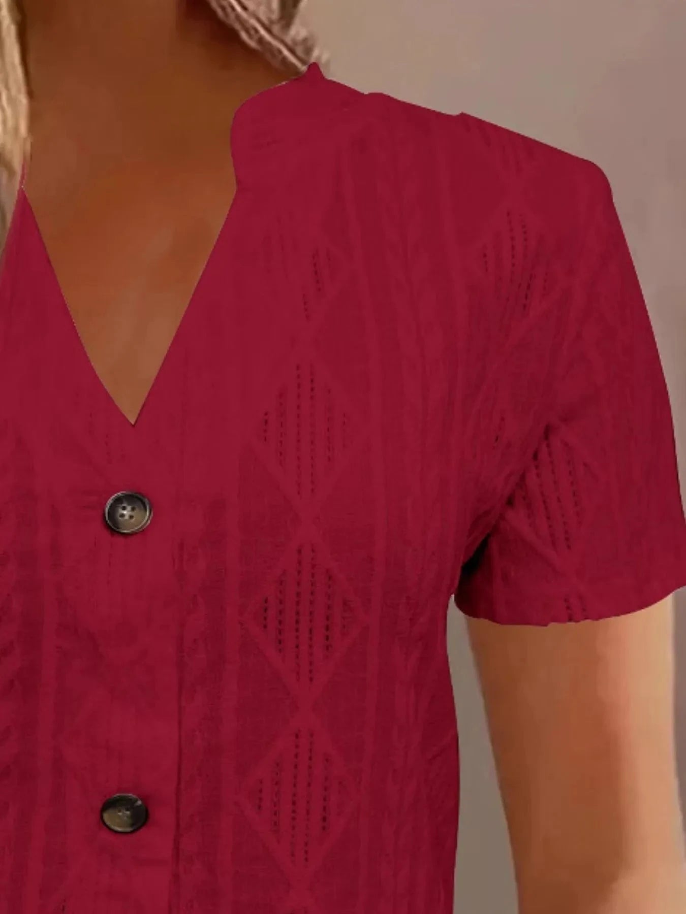 Textured Notched Short Sleeve Blouse