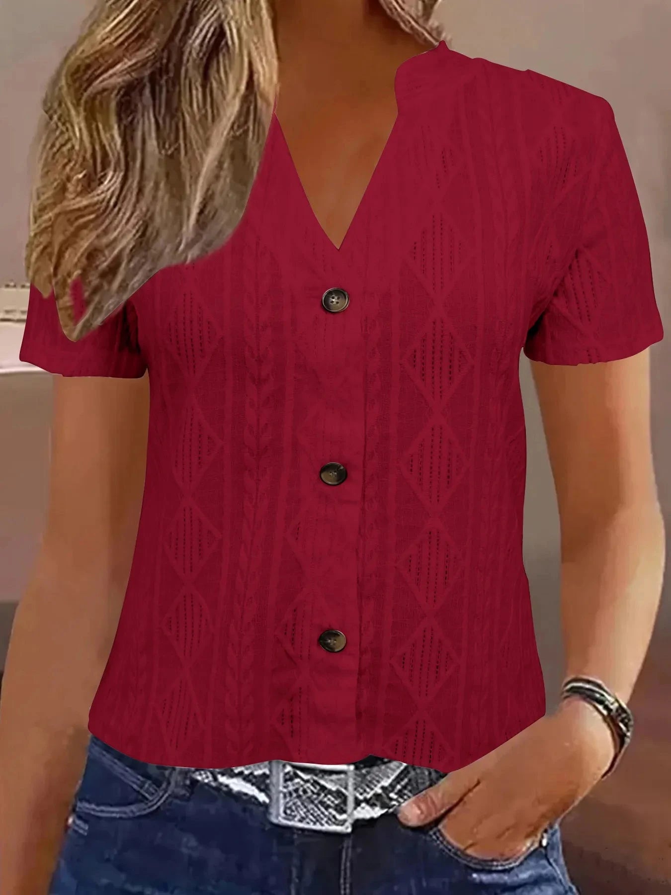 Textured Notched Short Sleeve Blouse Burgundy / S