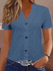 Textured Notched Short Sleeve Blouse Navy Blue / S