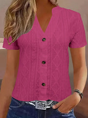 Textured Notched Short Sleeve Blouse Rose Red / S