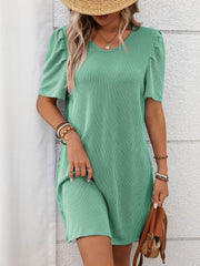 Textured Round Neck Short Sleeve Mini Dress Gum Leaf / S