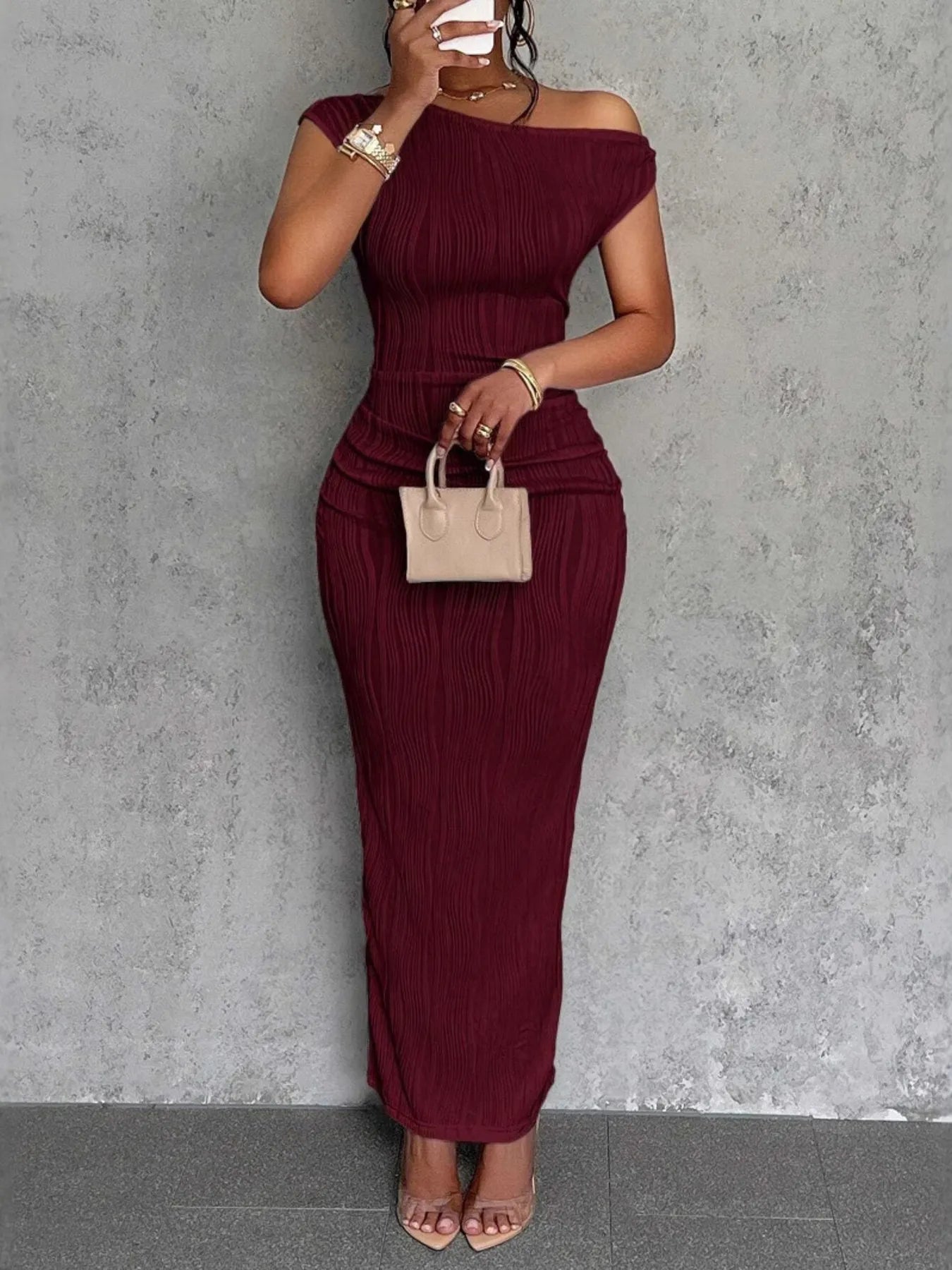Textured Single Shoulder Bodycon Maxi Dress Burgundy / S