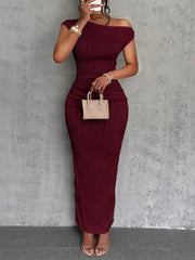 Textured Single Shoulder Bodycon Maxi Dress Burgundy / S