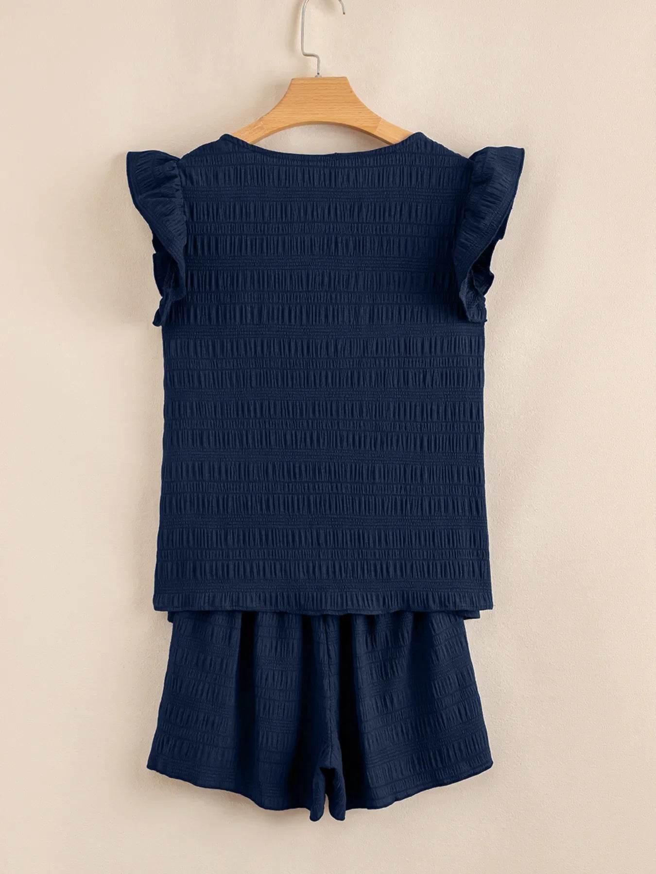 Textured Square Neck Top and Shirred High Waist Shorts Set