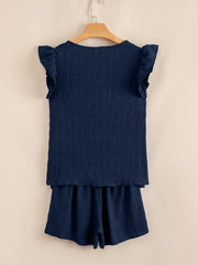 Textured Square Neck Top and Shirred High Waist Shorts Set
