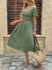 Textured V-Neck Short Sleeve Dress
