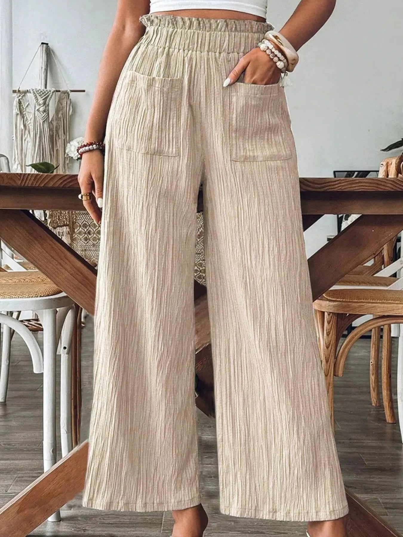 Textured Wide-Leg Pants Tan / S