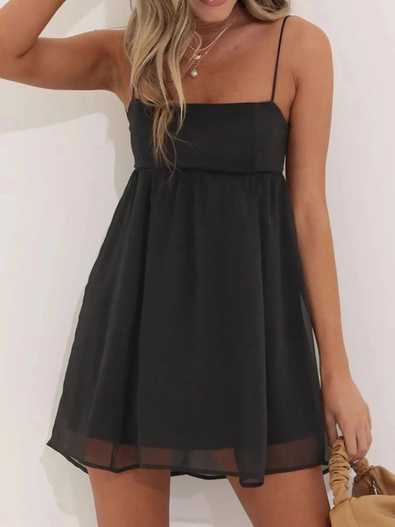 Tie Back Spaghetti Strap Mini Dress Black / S