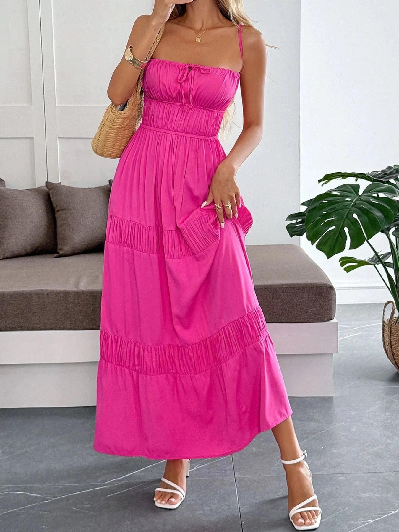 Tie Back Tiered Maxi Cami Dress Hot Pink / S