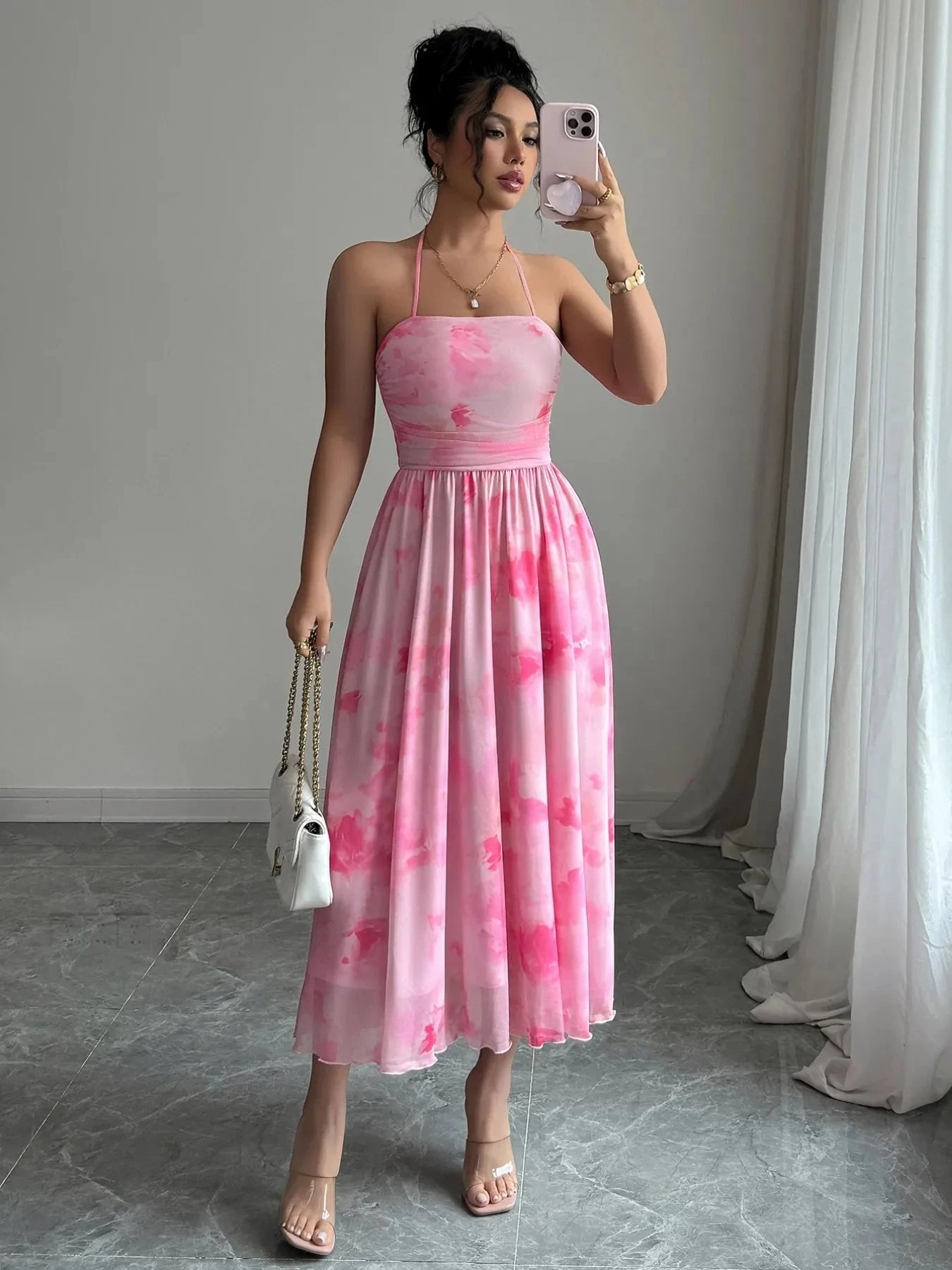 Tie-Dye Halter Sleeveless Midi Dress
