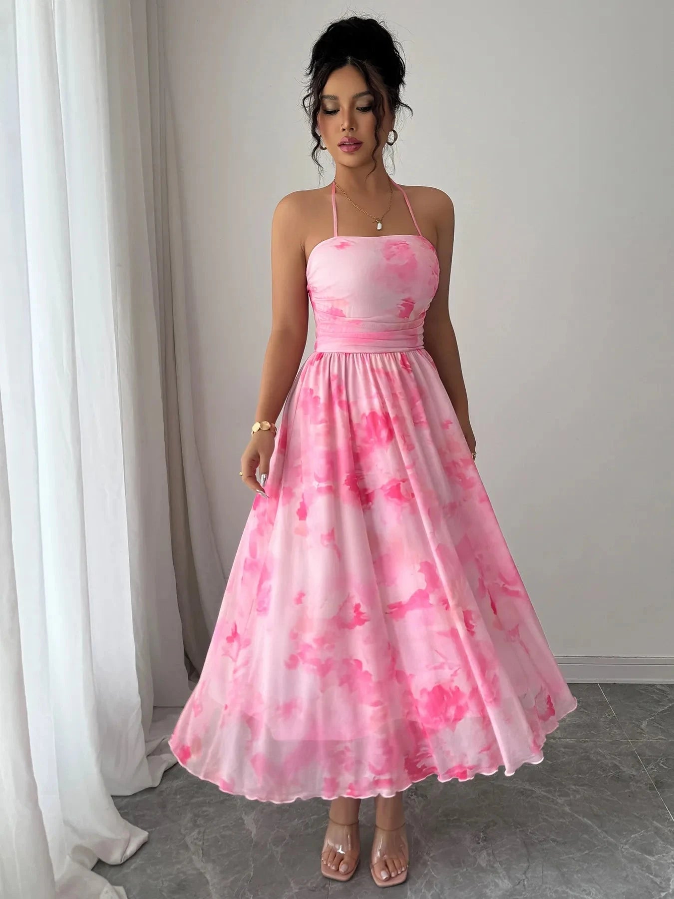 Tie-Dye Halter Sleeveless Midi Dress