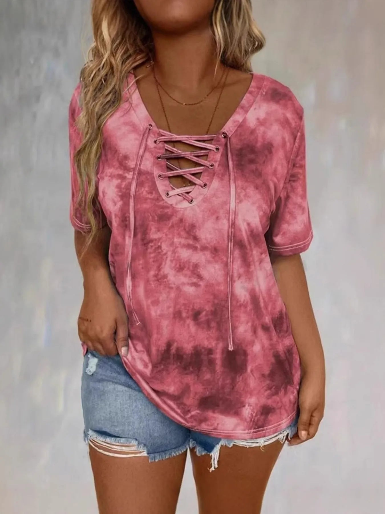 Tie Dye Lace-Up V-Neck Casual T-Shirt Burgundy / S
