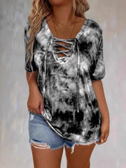 Tie Dye Lace-Up V-Neck Casual T-Shirt Grey / S