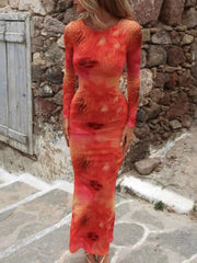 Tie-Dye Long Sleeve Maxi Bodycon Dress