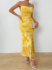 Tie-Dye Ruched Bodycon Mesh Cami Maxi Dress