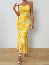 Tie-Dye Ruched Bodycon Mesh Cami Maxi Dress Yellow / S