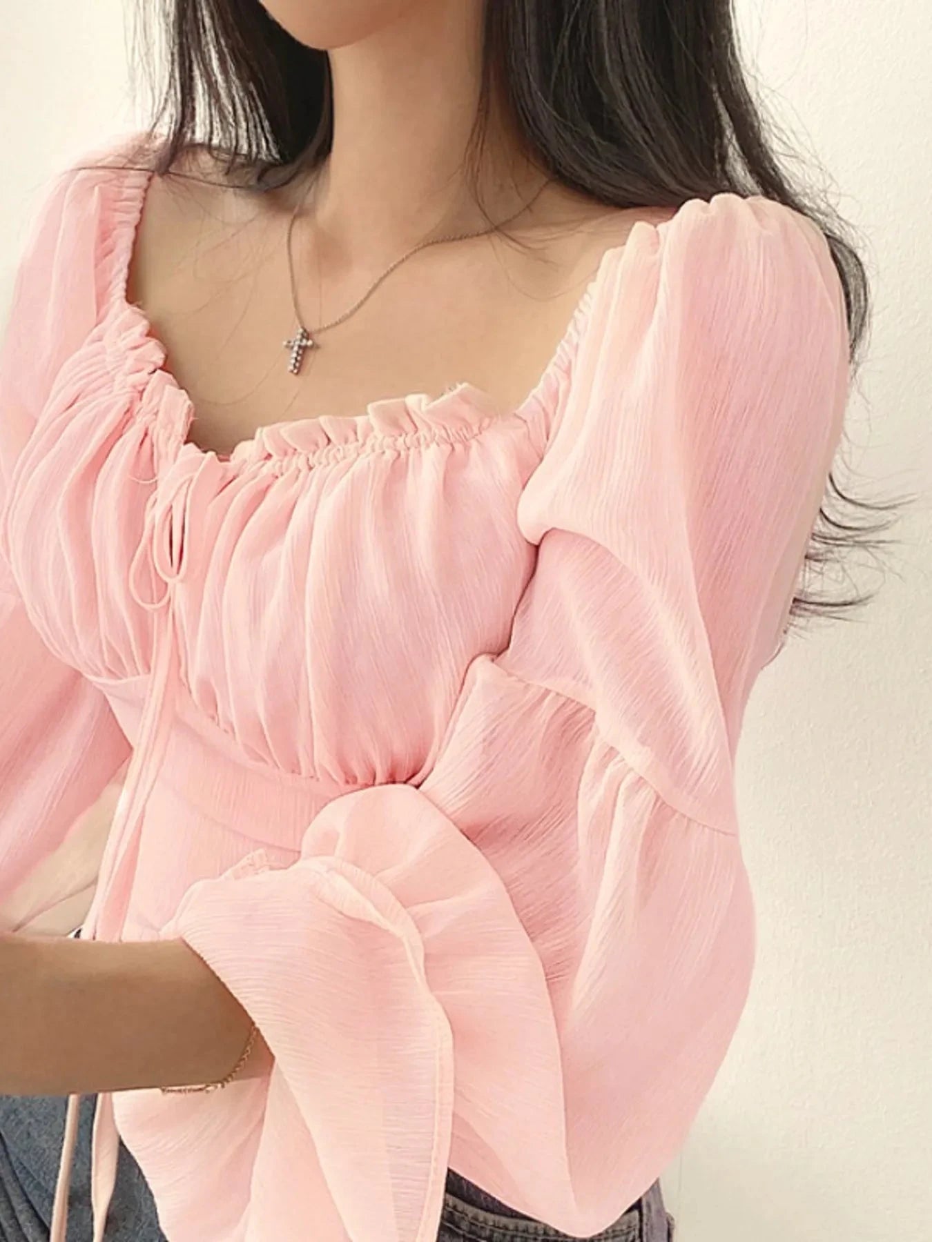 Tie Front Flounce Sleeve Blouse