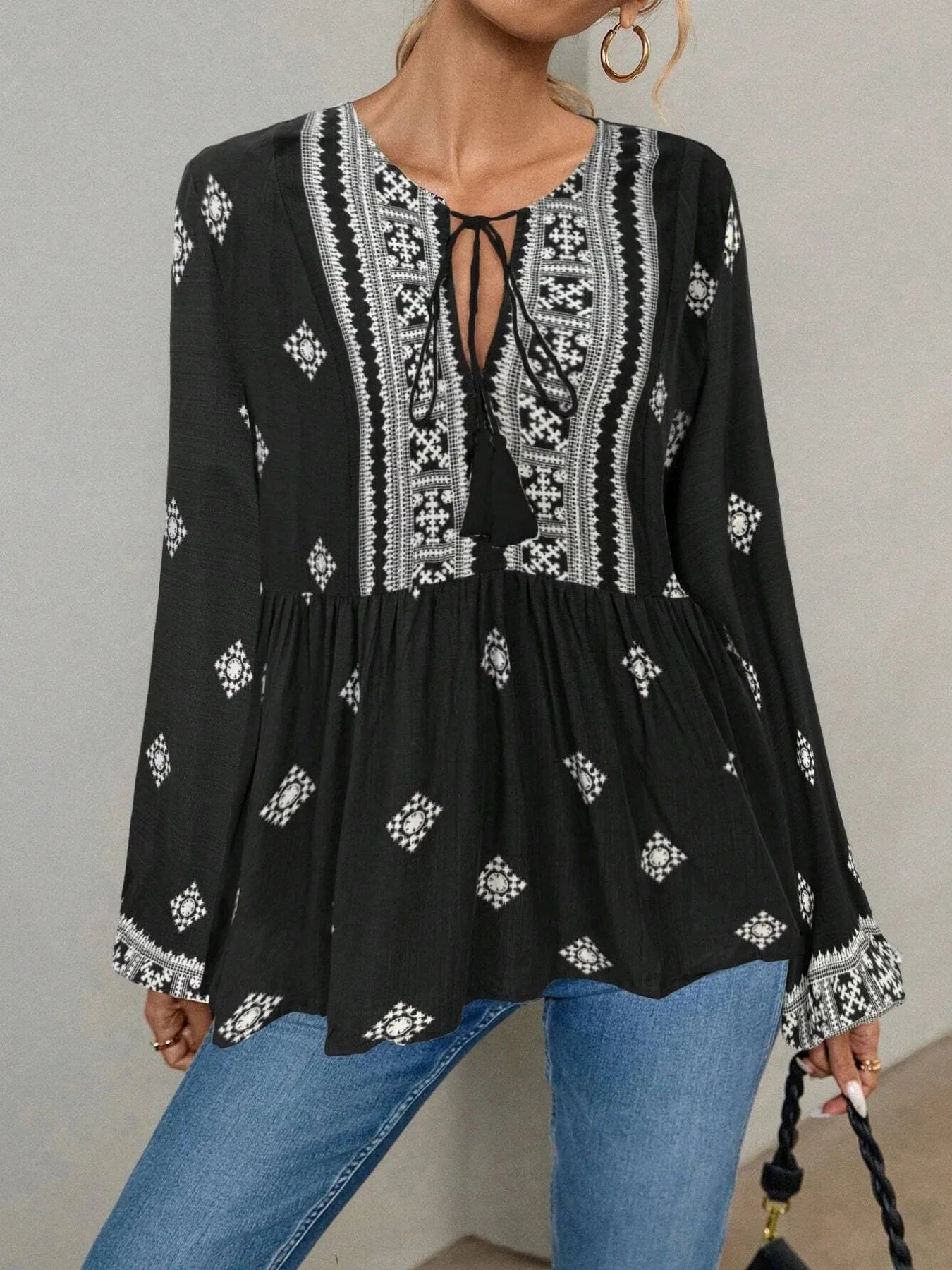 Tie Front Long Sleeve Blouse