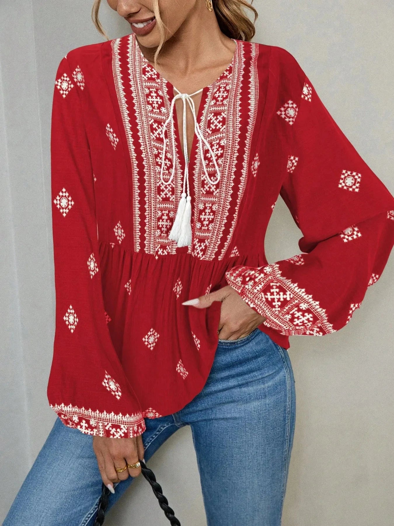 Tie Front Long Sleeve Blouse Red / S