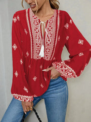 Tie Front Long Sleeve Blouse Red / S