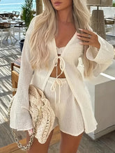 Tie Front Long Sleeve Top and Shorts Set