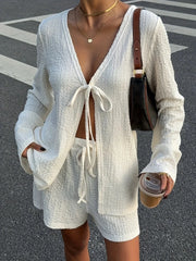 Tie Front Long Sleeve Top and Shorts Set