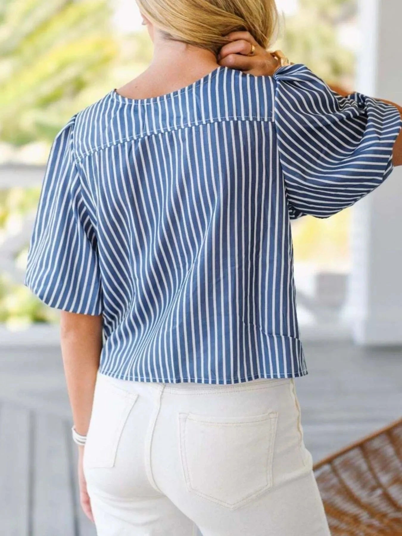 Tie Front Puff Sleeve Striped Blouse