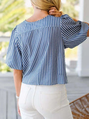 Tie Front Puff Sleeve Striped Blouse