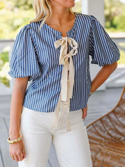 Tie Front Puff Sleeve Striped Blouse Blue Stripe / S