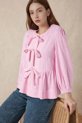 Tie Front Striped Peplum Blouse Blush Pink / S