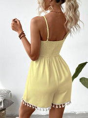 Tie-Front Textured Romper with Tassel Hem