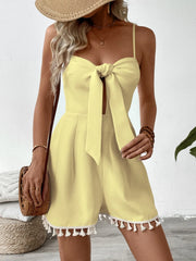 Tie-Front Textured Romper with Tassel Hem