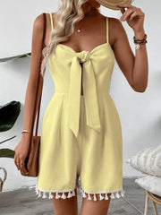 Tie-Front Textured Romper with Tassel Hem Yellow / S