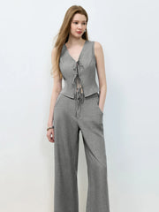 Tie Front Vest and Wide Leg Pants Set Gray / S