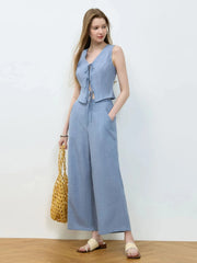 Tie Front Vest and Wide Leg Pants Set Light Blue / S