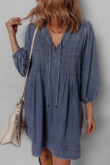 Tie Neck Long Sleeve Mini Denim Dress